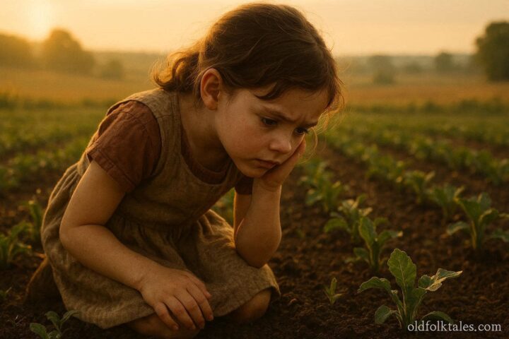Young girl listening closely to the soil in a farm field