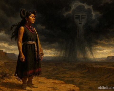 Young Hopi woman forming a sacred bond with the rain spirit as clouds gather over the desert