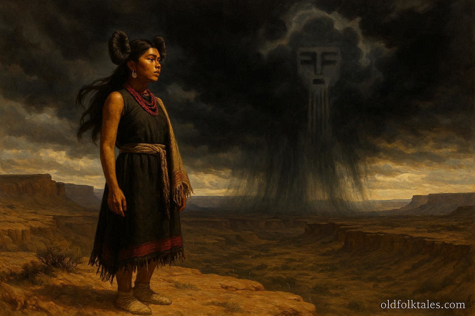 Young Hopi woman forming a sacred bond with the rain spirit as clouds gather over the desert