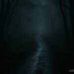A faintly glowing path leading through a dark forest after rain