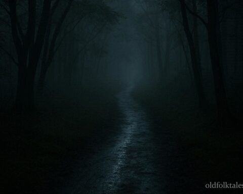 A faintly glowing path leading through a dark forest after rain