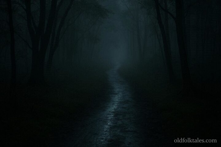 A faintly glowing path leading through a dark forest after rain