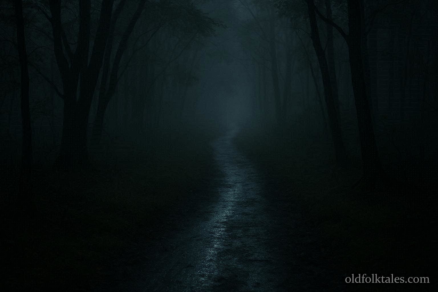 A faintly glowing path leading through a dark forest after rain