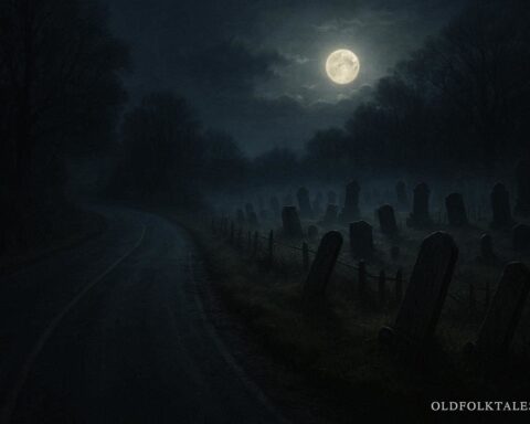A dark road beside a graveyard at night with a mysterious atmosphere