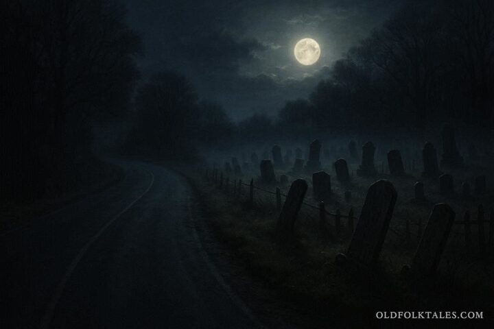 A dark road beside a graveyard at night with a mysterious atmosphere