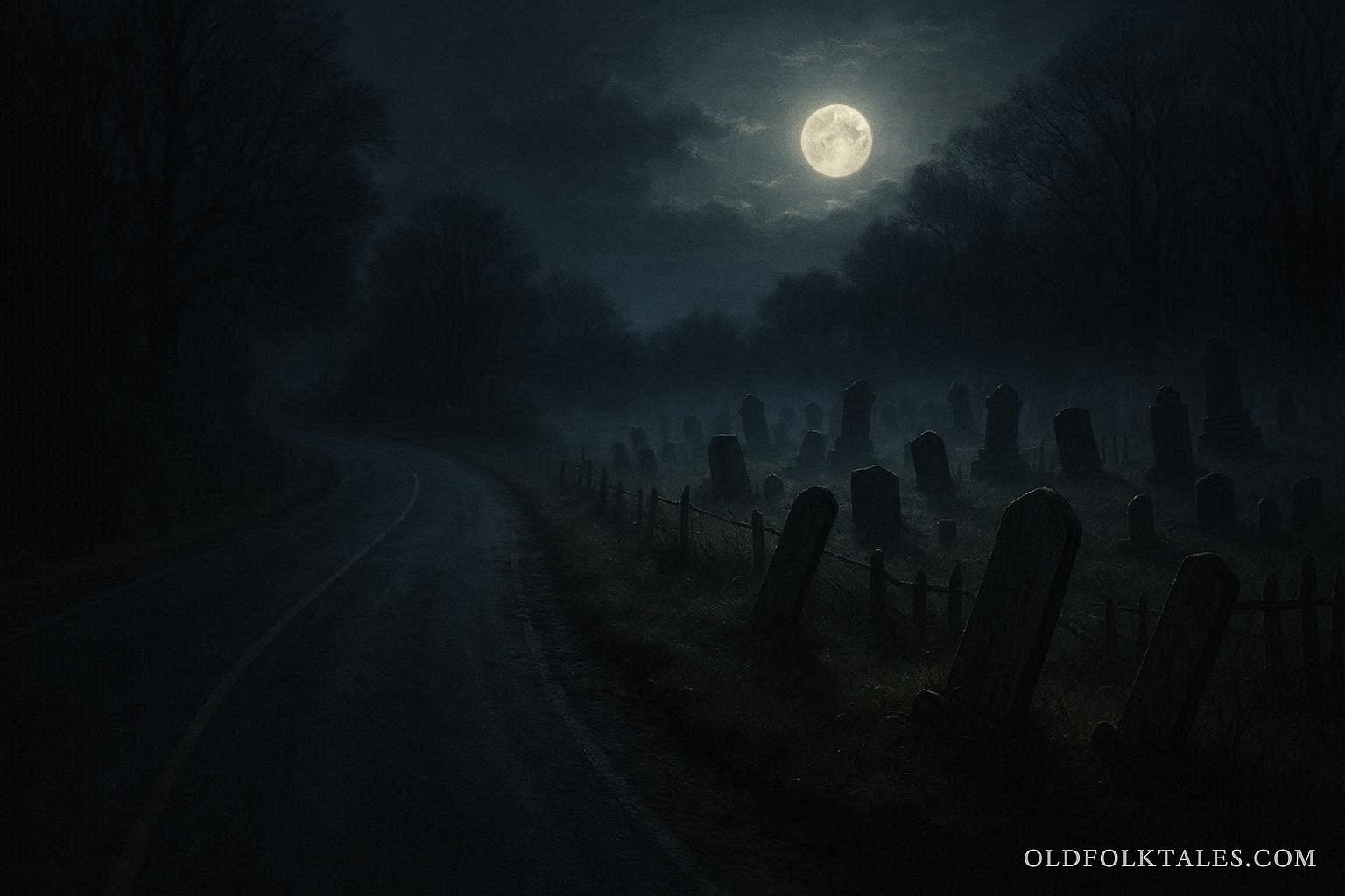 A dark road beside a graveyard at night with a mysterious atmosphere