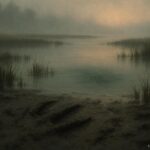 Claw-like footprints in a marsh leading into still water