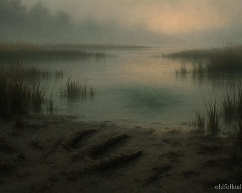 Claw-like footprints in a marsh leading into still water