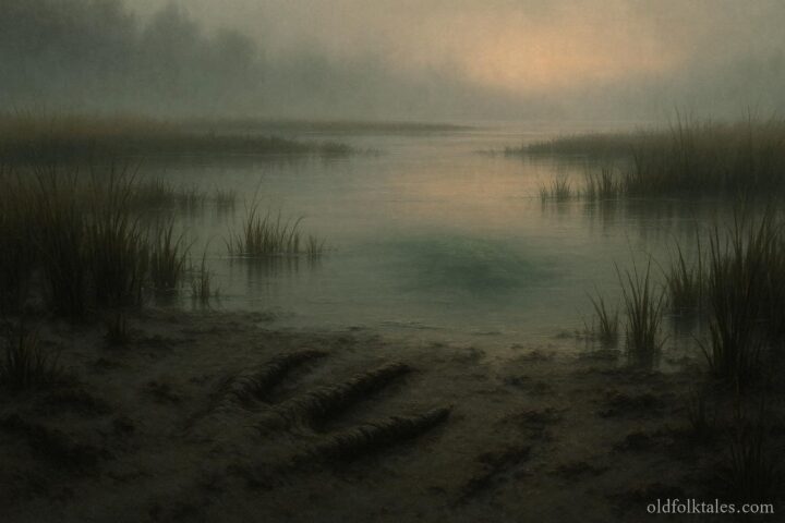Claw-like footprints in a marsh leading into still water