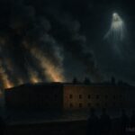 Illustration of Fort Sumter during the Civil War with a mysterious guardian spirit overlooking the battlefield