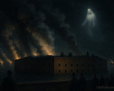 Illustration of Fort Sumter during the Civil War with a mysterious guardian spirit overlooking the battlefield