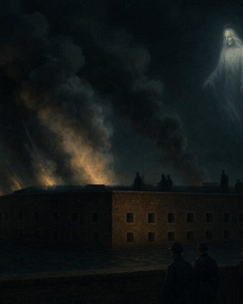 Illustration of Fort Sumter during the Civil War with a mysterious guardian spirit overlooking the battlefield