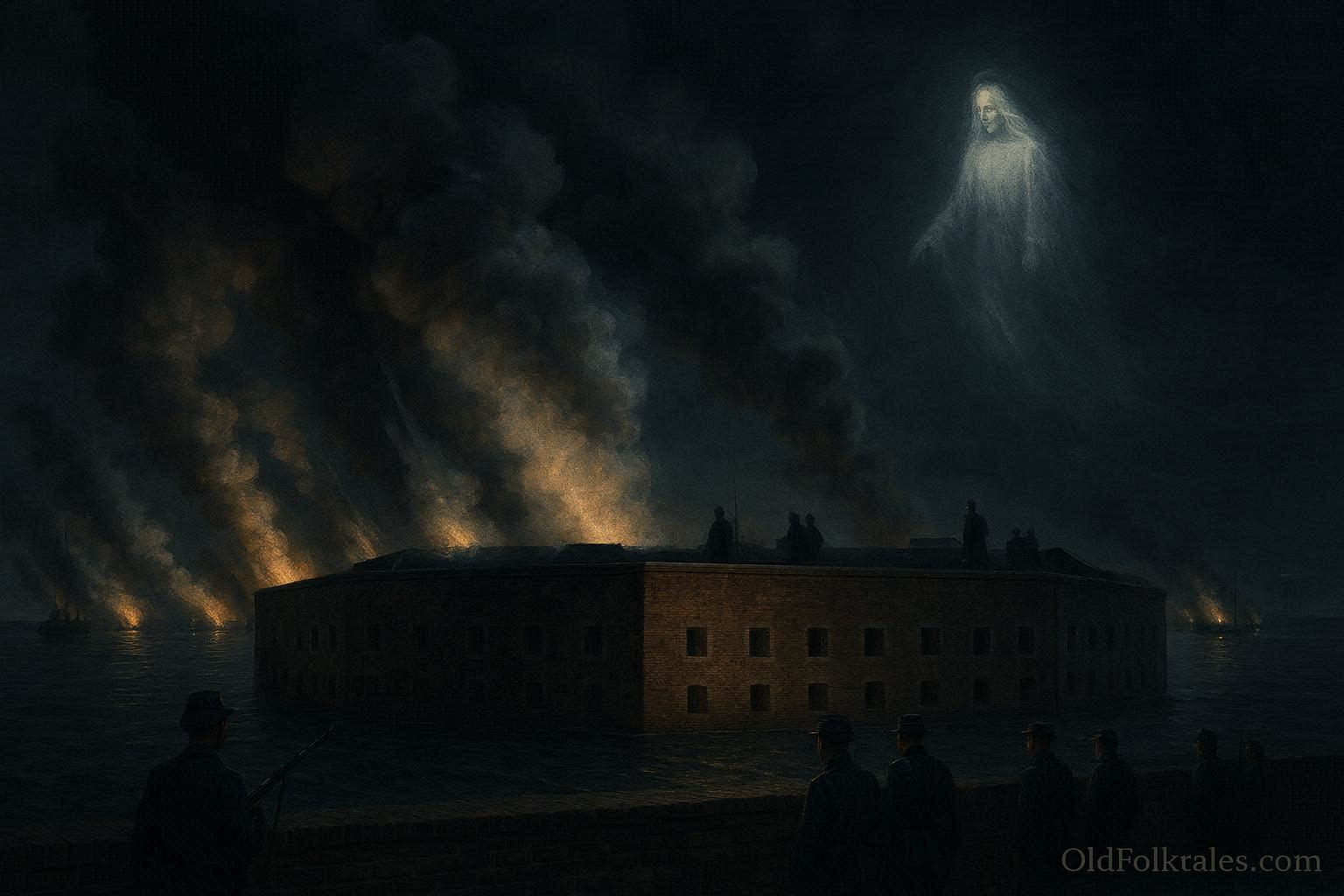 Illustration of Fort Sumter during the Civil War with a mysterious guardian spirit overlooking the battlefield