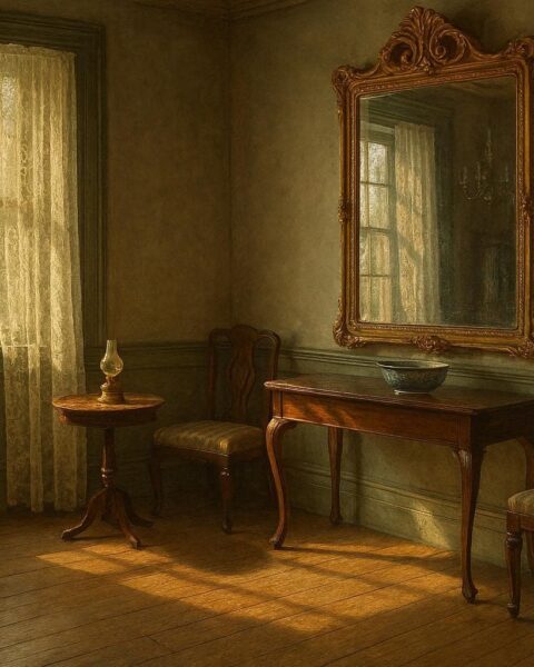 Antique mirror inside Myrtles Plantation reflecting the room with historical furnishings, representing the haunted mirror legend.