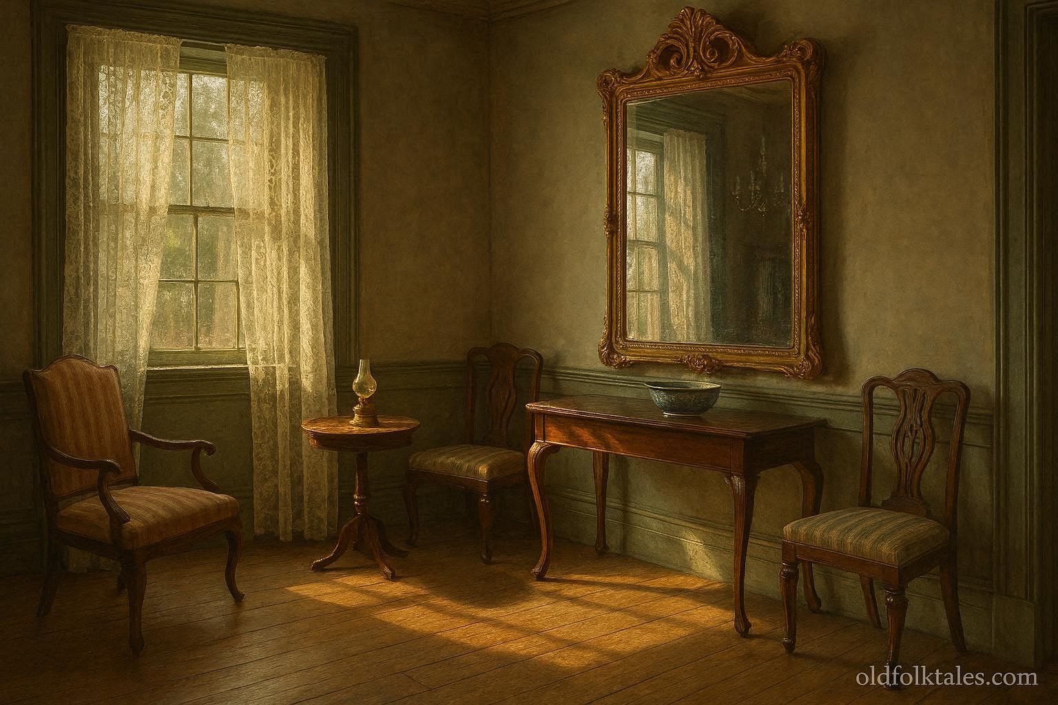 Antique mirror inside Myrtles Plantation reflecting the room with historical furnishings, representing the haunted mirror legend.