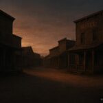 An old abandoned ghost town with wooden buildings and empty streets at dusk