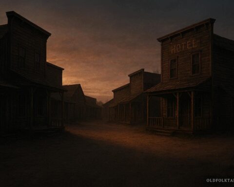 An old abandoned ghost town with wooden buildings and empty streets at dusk
