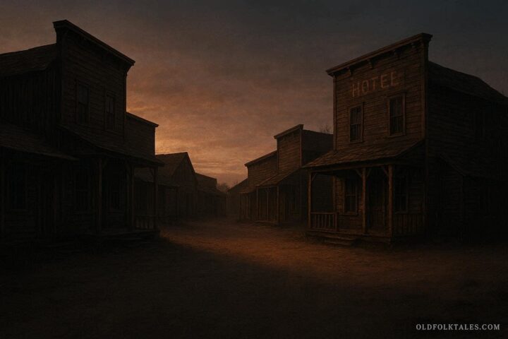 An old abandoned ghost town with wooden buildings and empty streets at dusk