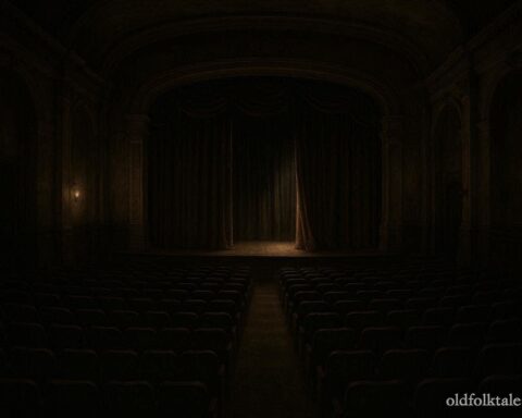 An empty historic theater with a dim stage and rows of seats