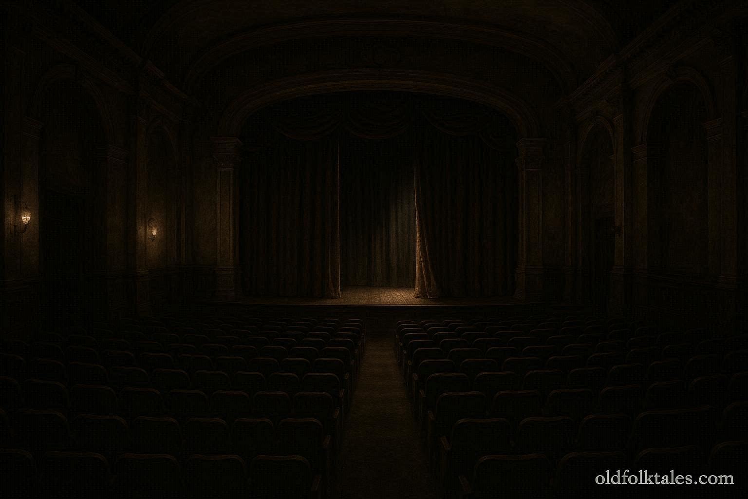 An empty historic theater with a dim stage and rows of seats