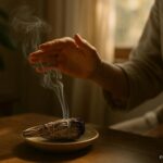 Sage smoke rising during a cleansing ritual in a quiet space