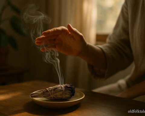 Sage smoke rising during a cleansing ritual in a quiet space