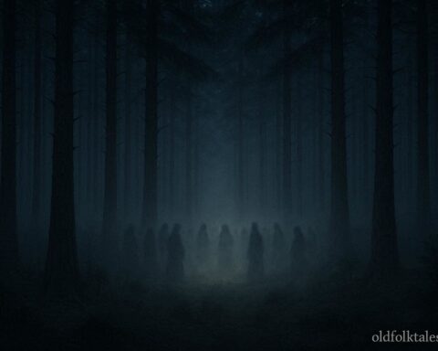 A glowing circle in a pine forest at night suggesting a hidden spiritual gathering