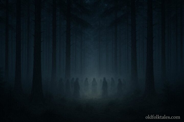 A glowing circle in a pine forest at night suggesting a hidden spiritual gathering