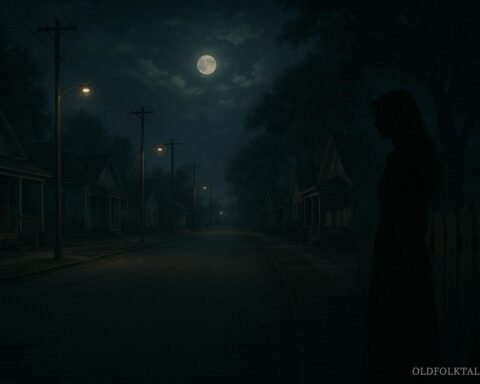 Shadowy tall female figure on a quiet night street representing the Huggin Molly legend in Alabama.