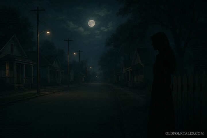 Shadowy tall female figure on a quiet night street representing the Huggin Molly legend in Alabama.