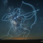 Orion constellation depicted as a hunter in the night sky above the plains