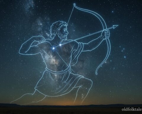 Orion constellation depicted as a hunter in the night sky above the plains