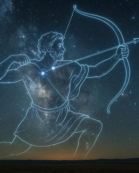 Orion constellation depicted as a hunter in the night sky above the plains