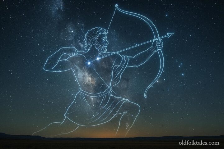 Orion constellation depicted as a hunter in the night sky above the plains