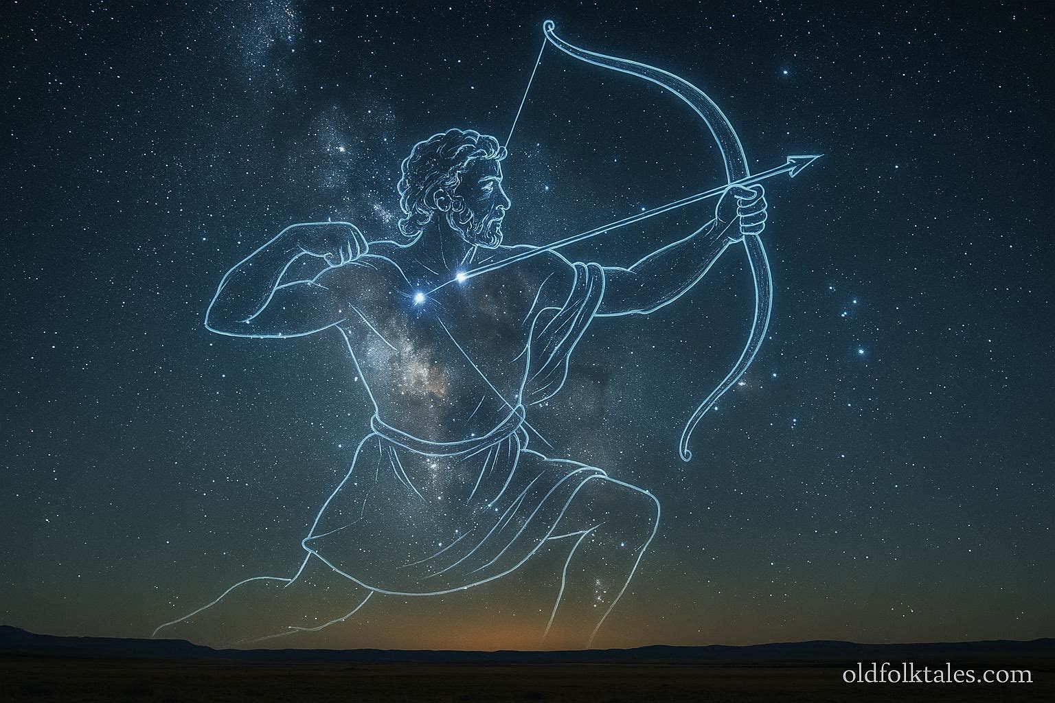 Orion constellation depicted as a hunter in the night sky above the plains