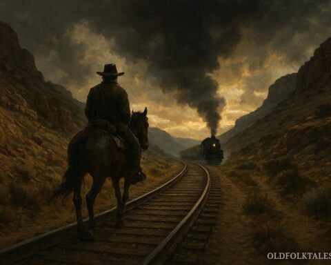 A rider traveling along railroad tracks ahead of a train in rugged terrain