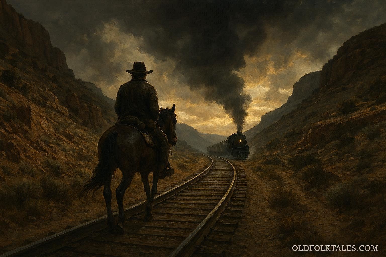 A rider traveling along railroad tracks ahead of a train in rugged terrain