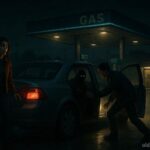 Man opening a car back door at a gas station to reveal a hidden attacker in the backseat