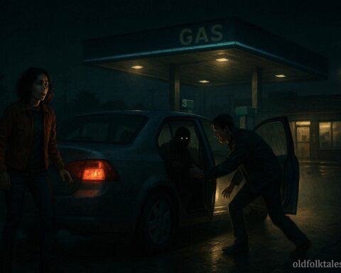 Man opening a car back door at a gas station to reveal a hidden attacker in the backseat