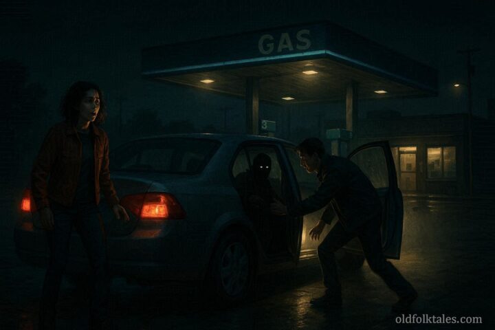 Man opening a car back door at a gas station to reveal a hidden attacker in the backseat