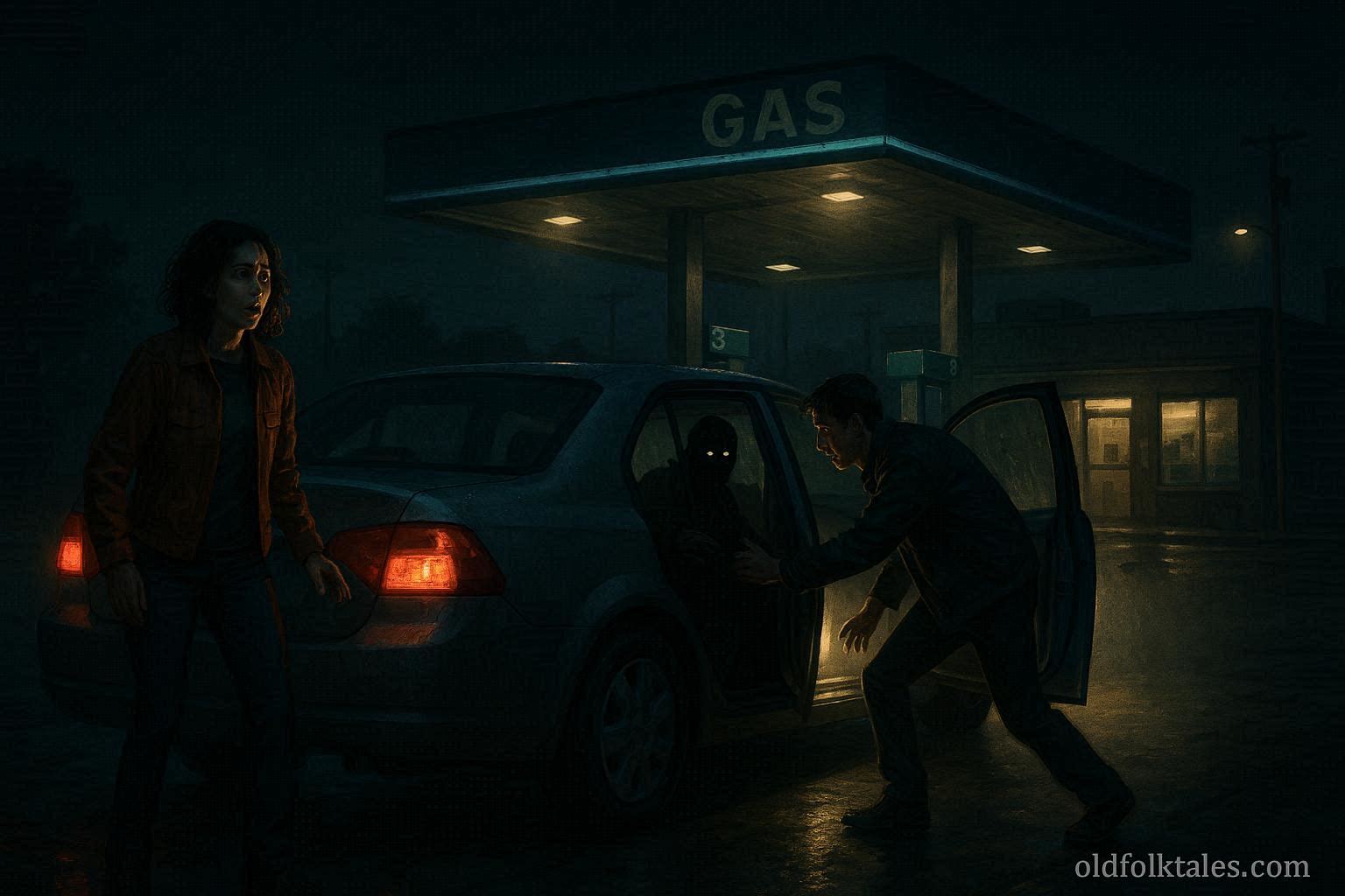 Man opening a car back door at a gas station to reveal a hidden attacker in the backseat