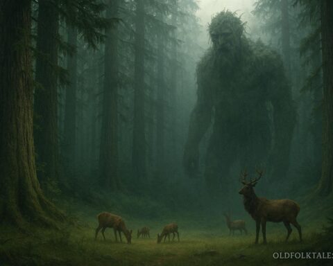 Giant forest guardian standing among tall trees protecting wildlife in the wilderness
