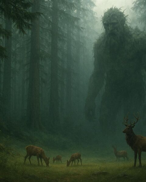 Giant forest guardian standing among tall trees protecting wildlife in the wilderness