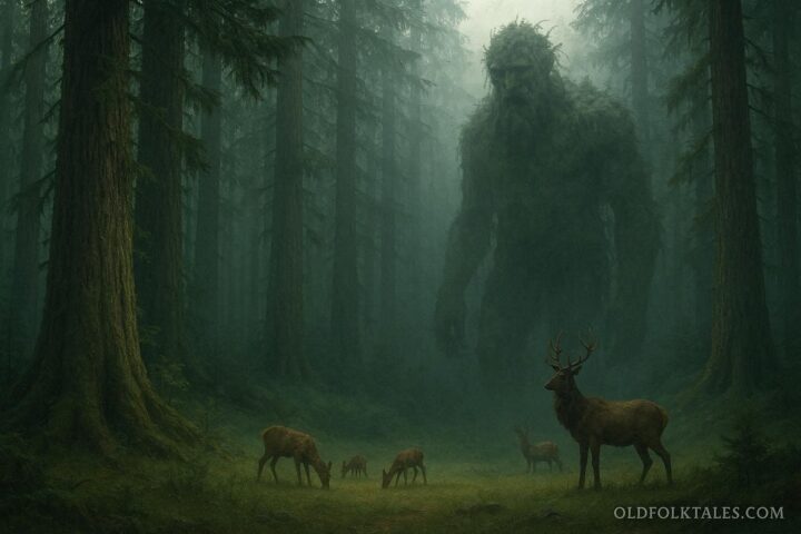 Giant forest guardian standing among tall trees protecting wildlife in the wilderness