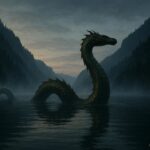 Dragon-like creature emerging from the deep waters of Lake Chelan representing the cryptid legend
