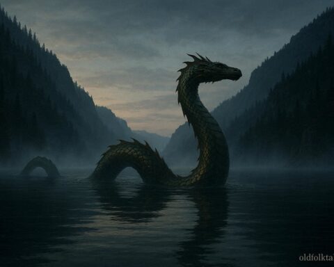 Dragon-like creature emerging from the deep waters of Lake Chelan representing the cryptid legend