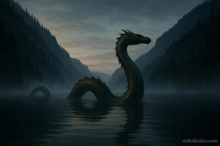 Dragon-like creature emerging from the deep waters of Lake Chelan representing the cryptid legend