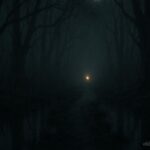 A glowing light guiding a path through a dark swamp at night