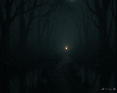 A glowing light guiding a path through a dark swamp at night