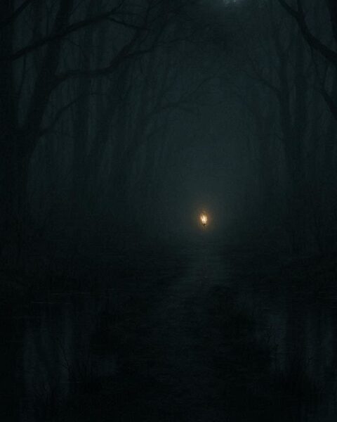 A glowing light guiding a path through a dark swamp at night